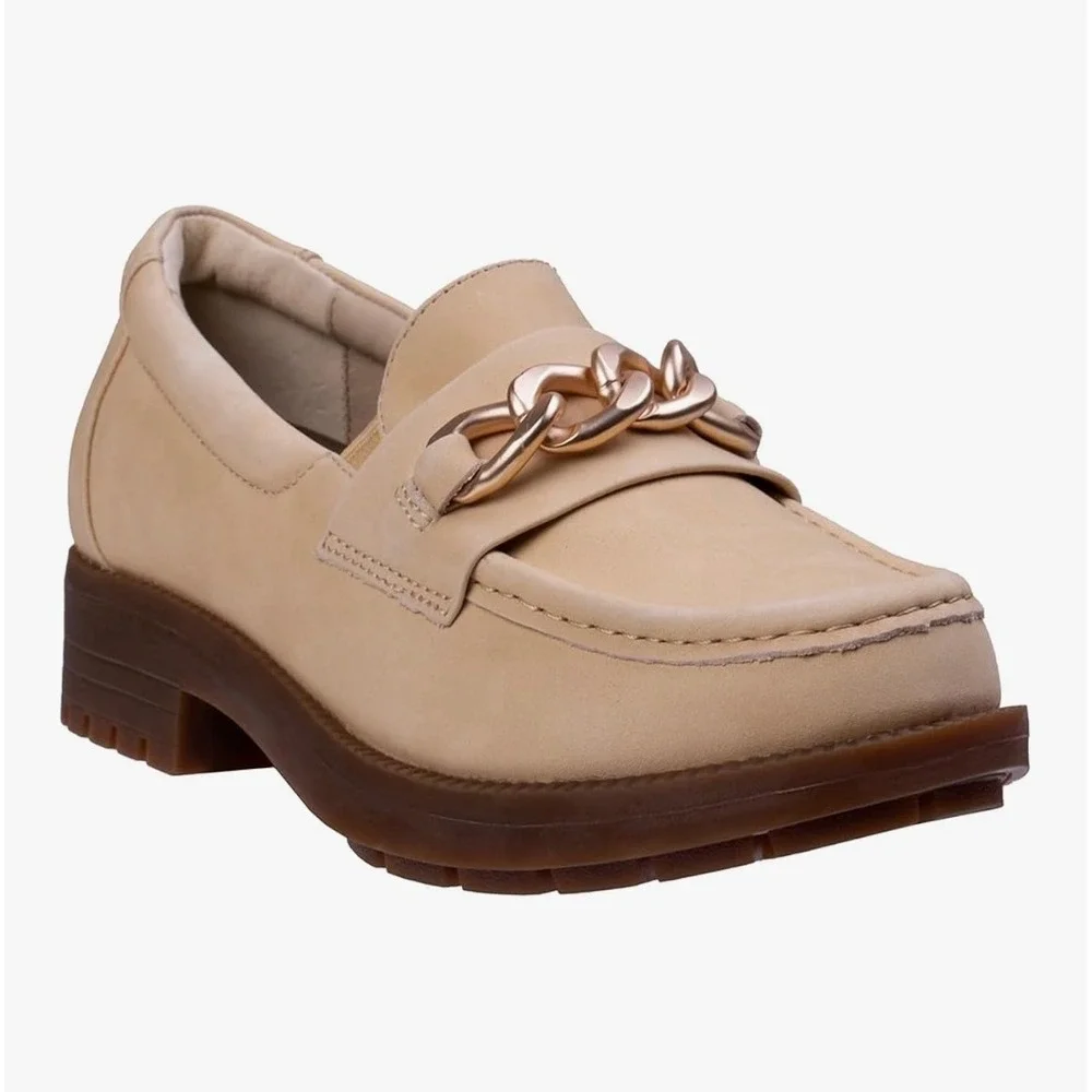 Revitalign Womens Laurel Loafer Almond Leather Gold Chain Lug Sole RV1110 9B